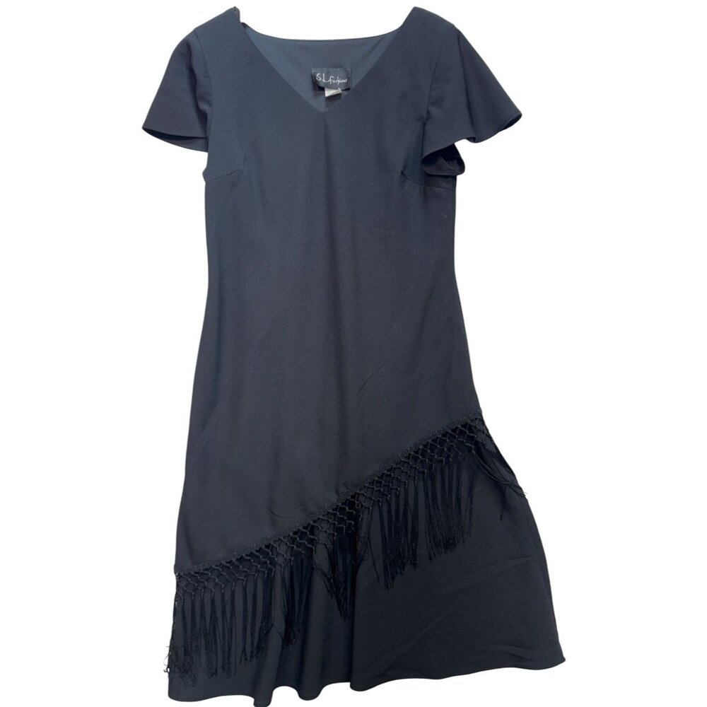 S.L. Fashions Womens Sheath Pencil Dress Fringe Short Sleeve Sz 10 Black Stretch